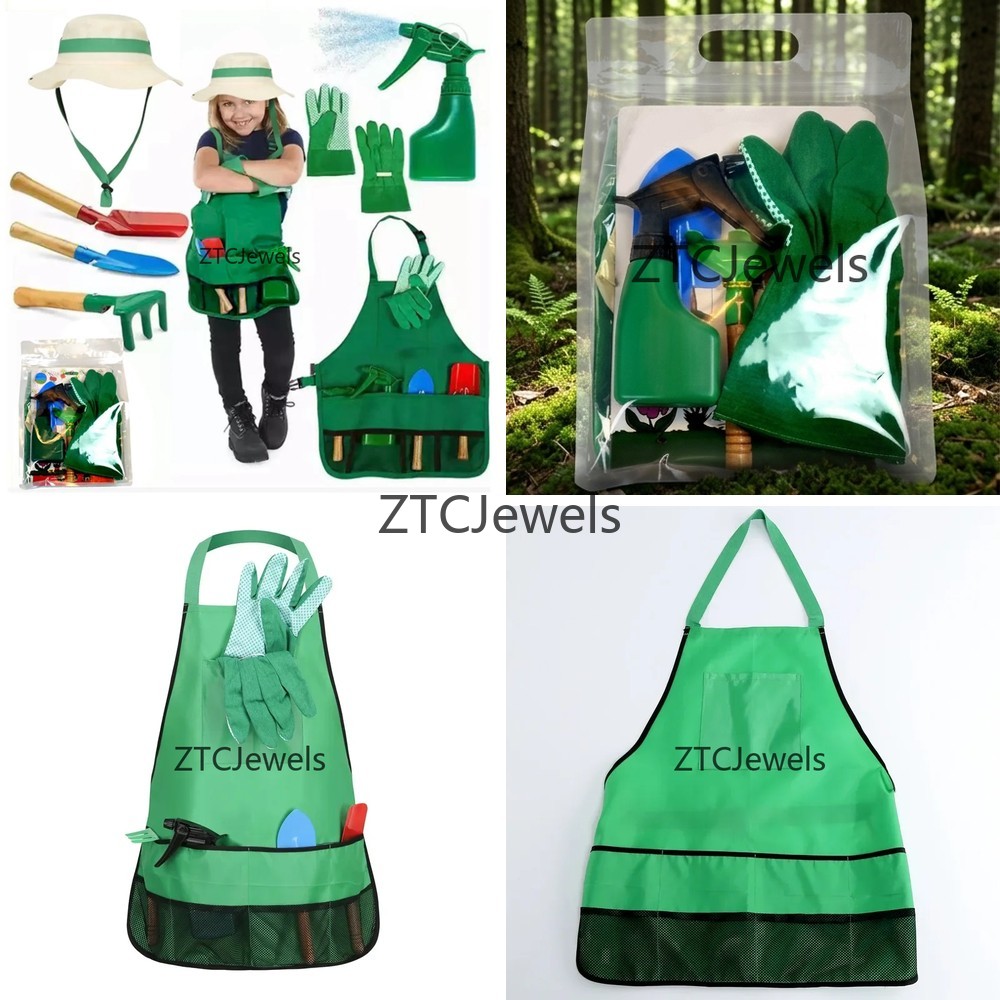 Gardening Tools Kids Set - キッズガーデンエプロンツールセット 手袋付き 女の子用コスプレ衣装 花植え遊び 科学おもちゃ パーティードレスアップ