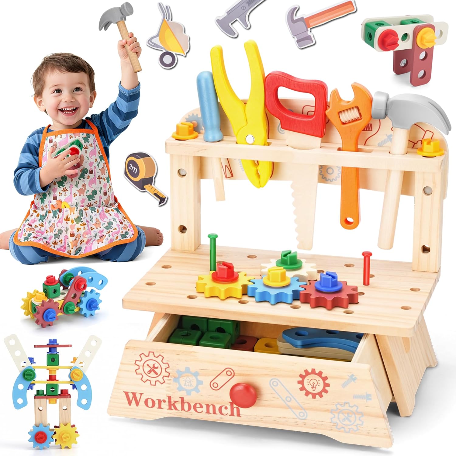 Gardening Tools Kids Set - 子供用木製ツールベンチ、モンテッソーリ教育ごっこ遊び建設玩具、男の子と女の子のためのアクティビティギフト建設玩具