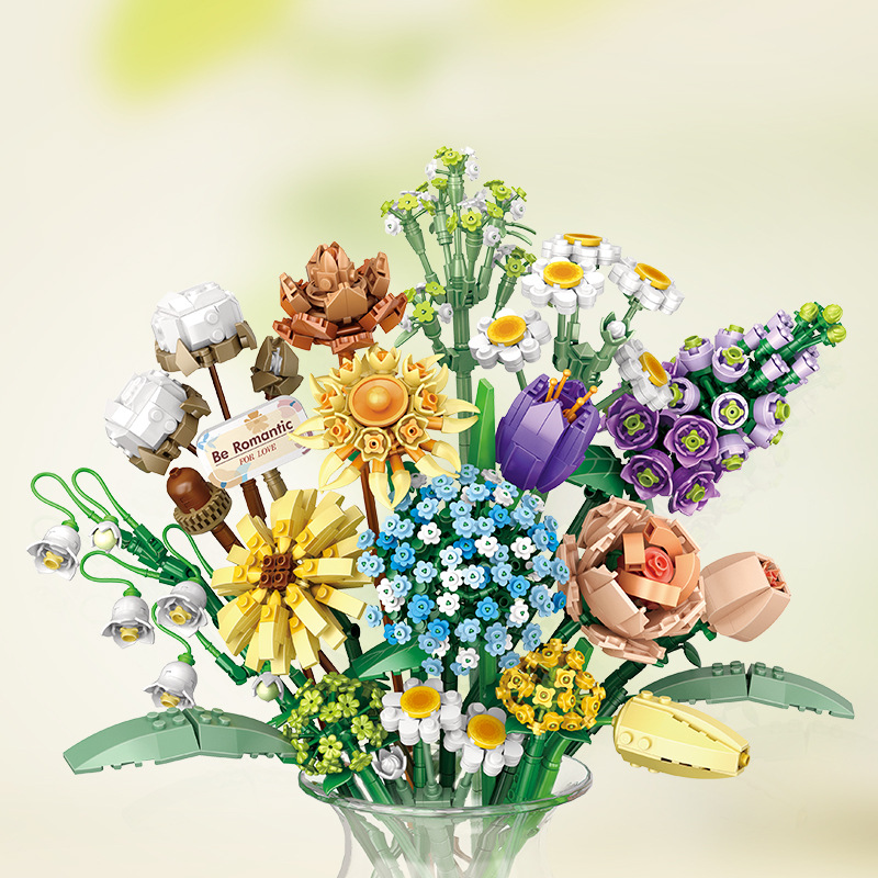 Gardening Tools Kids Set - ロマンチックなバラの花ひまわり水仙庭園ハウスビルディングブロッククラシックモデルミニレンガセット子供キット