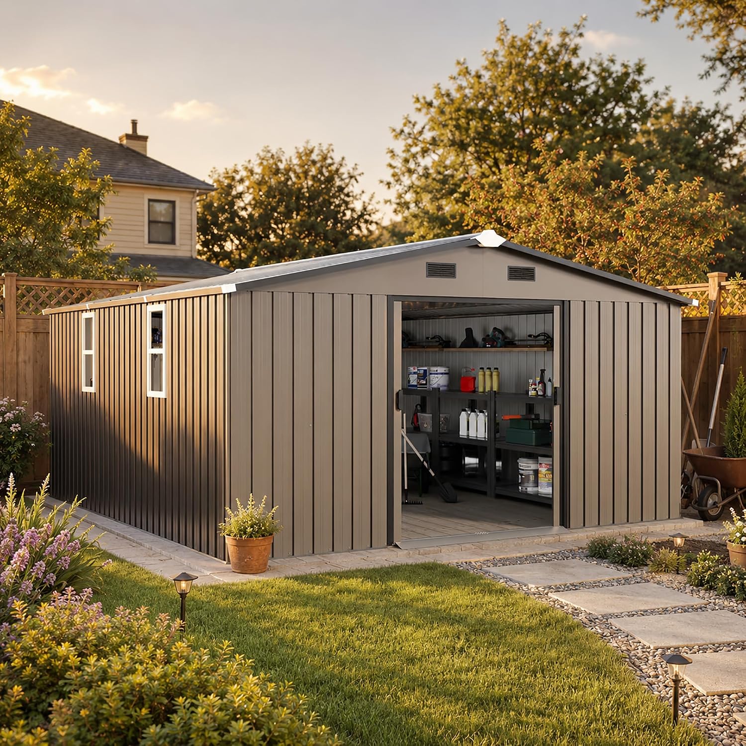 10x12フィートの屋外用金属製収納庫、耐候性のある庭用物置 - Gardening Tool のレビューと価格