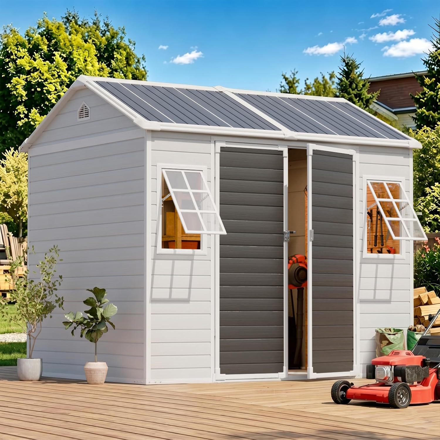 8x6フィートの樹脂製収納庫、床は厚さ14mmのパネル、屋外 - Gardening Tool のレビューと価格